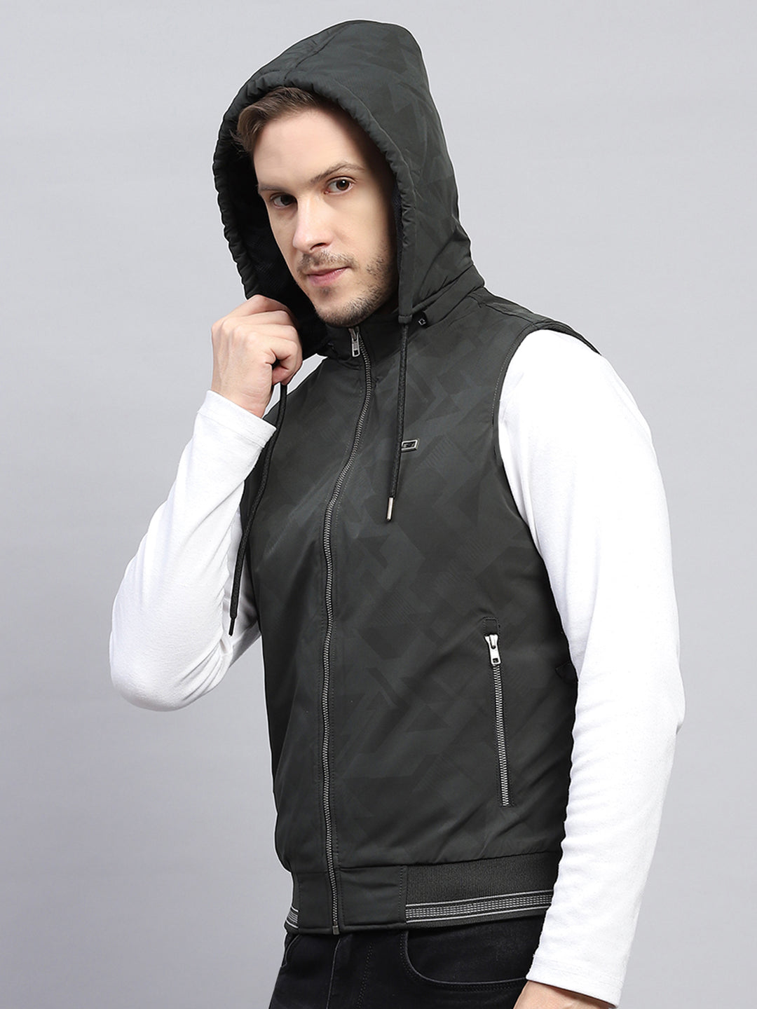 Men Dark Green Printed Hooded Sleeveless Jacket
