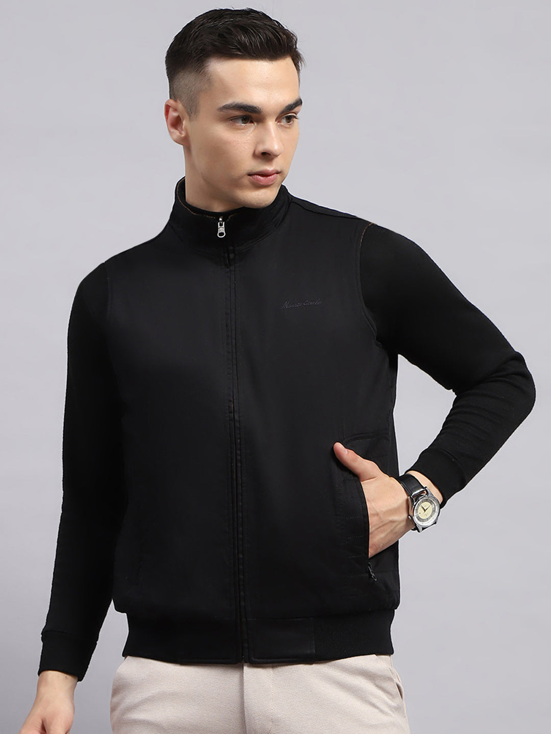 Men Black & Brown Self Design Mock Neck Sleeveless Reversible Jacket