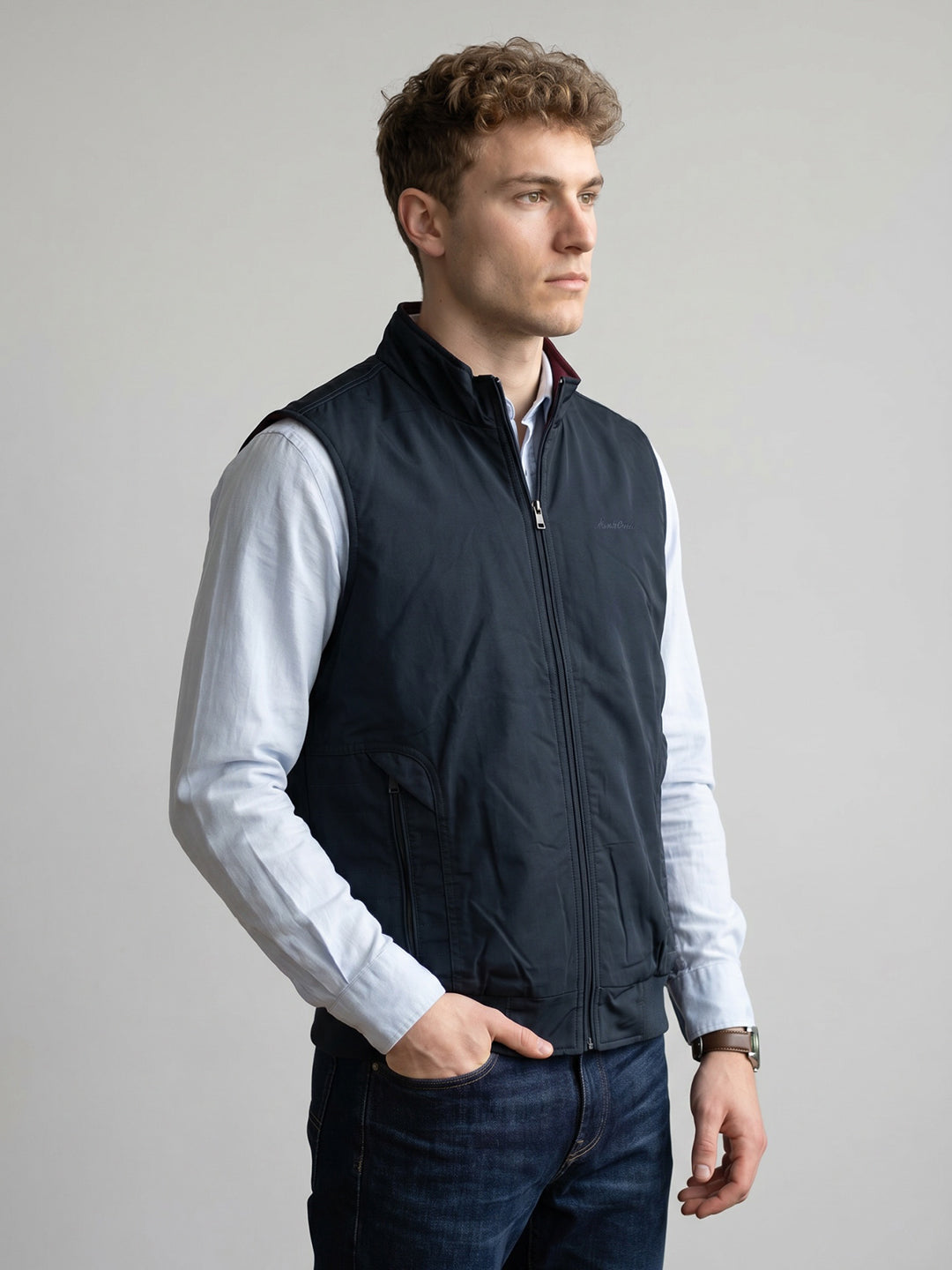 Men Navy Blue Solid Stand Collar Sleeveless Reversible Jacket