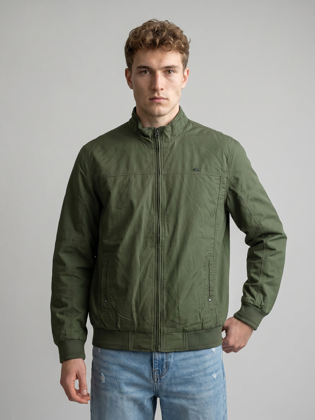 Men Green Solid Stand Collar Full Sleeve Bomber Jacket