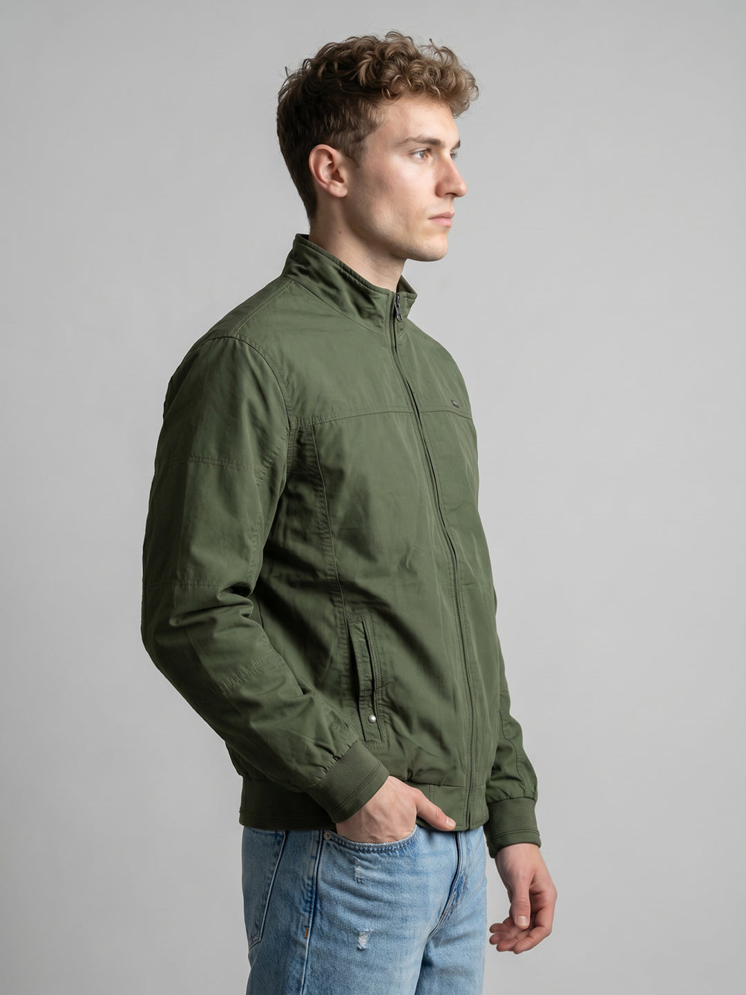 Men Green Solid Stand Collar Full Sleeve Bomber Jacket