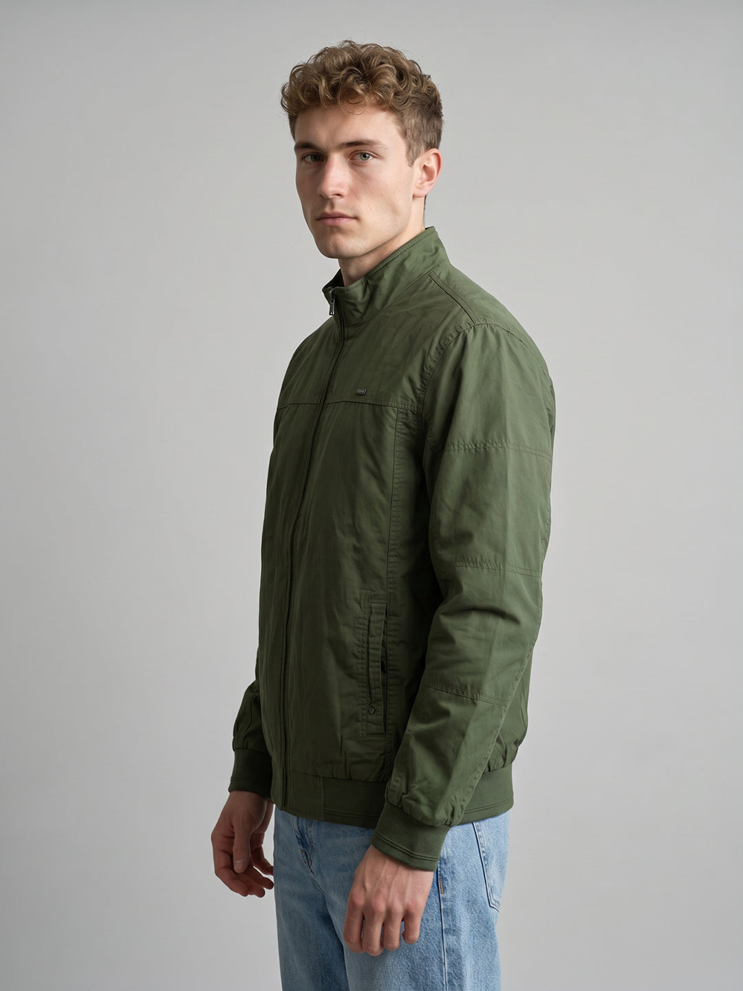 Men Green Solid Stand Collar Full Sleeve Bomber Jacket