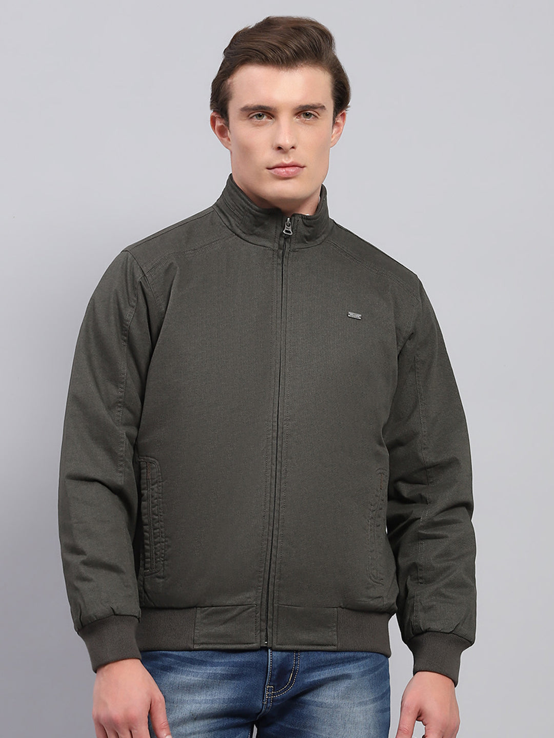 Men Olive Solid Mock Neck Full Sleeve Jacket