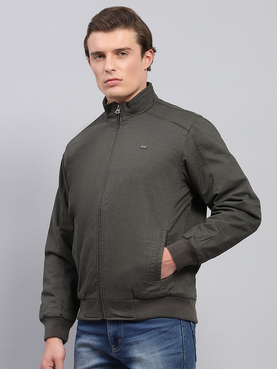 Men Olive Solid Mock Neck Full Sleeve Jacket