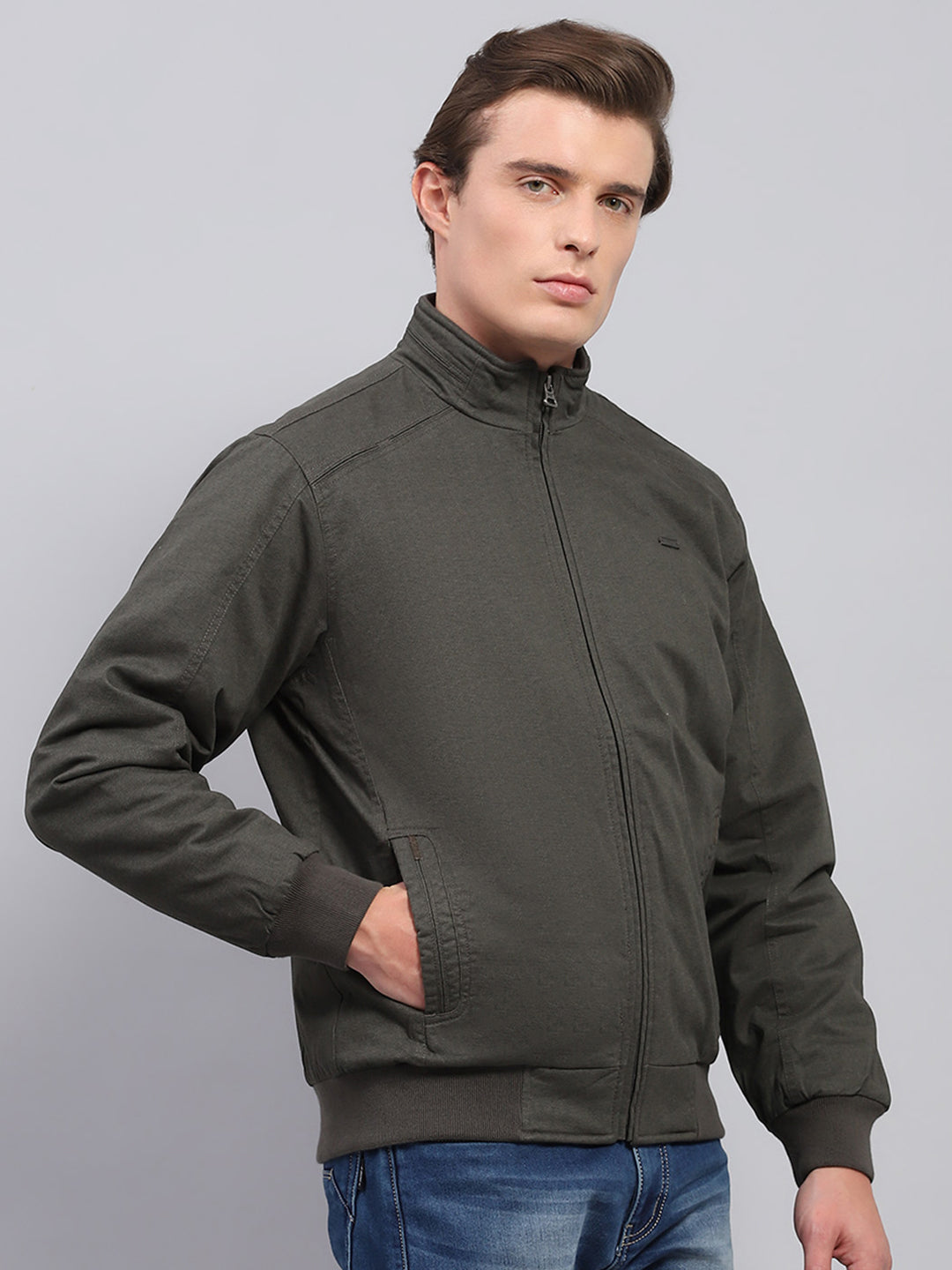Men Olive Solid Mock Neck Full Sleeve Jacket