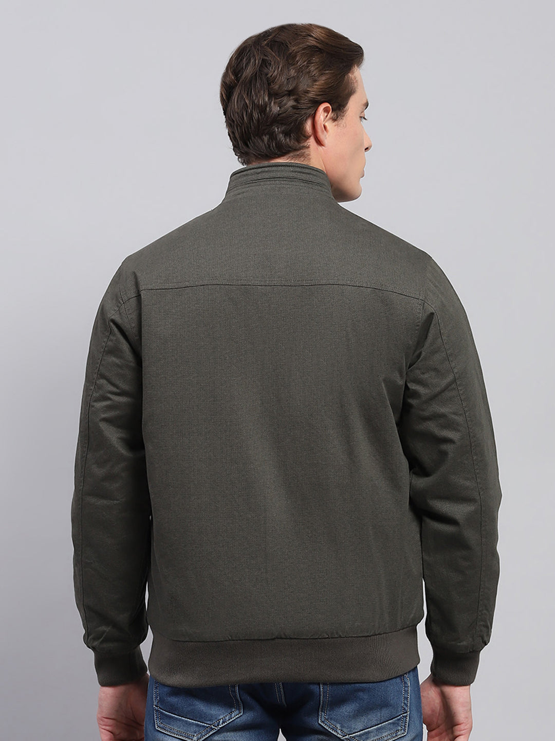 Men Olive Solid Mock Neck Full Sleeve Jacket