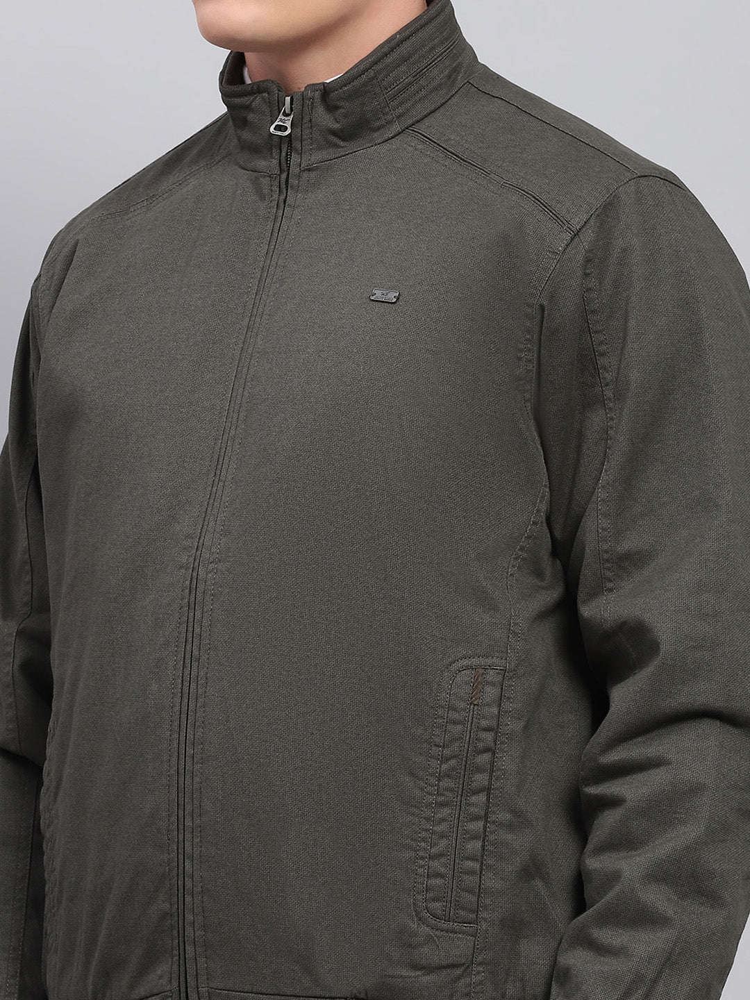 Men Olive Solid Mock Neck Full Sleeve Jacket