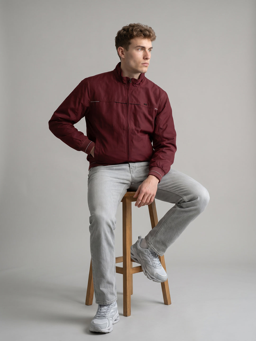Men Brown Solid Stand Collar Full Sleeve Bomber Jacket