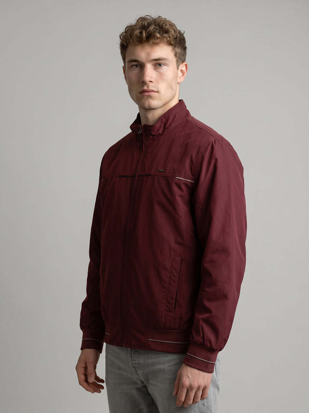Men Brown Solid Stand Collar Full Sleeve Bomber Jacket