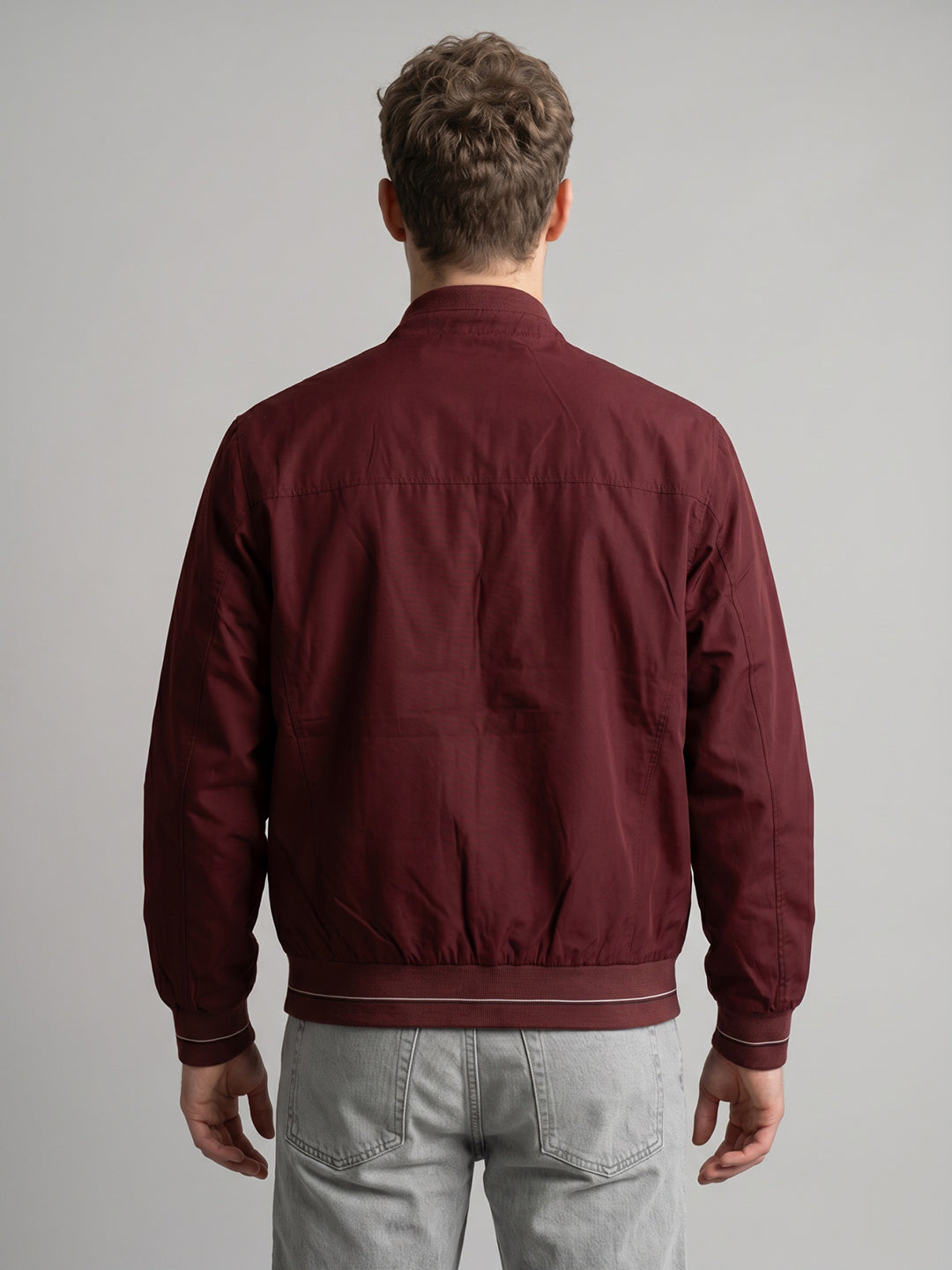 Men Brown Solid Stand Collar Full Sleeve Bomber Jacket