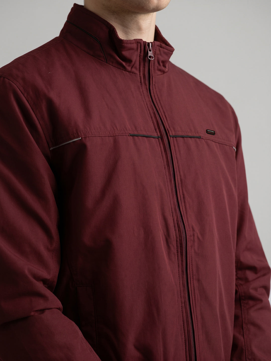 Men Brown Solid Stand Collar Full Sleeve Bomber Jacket