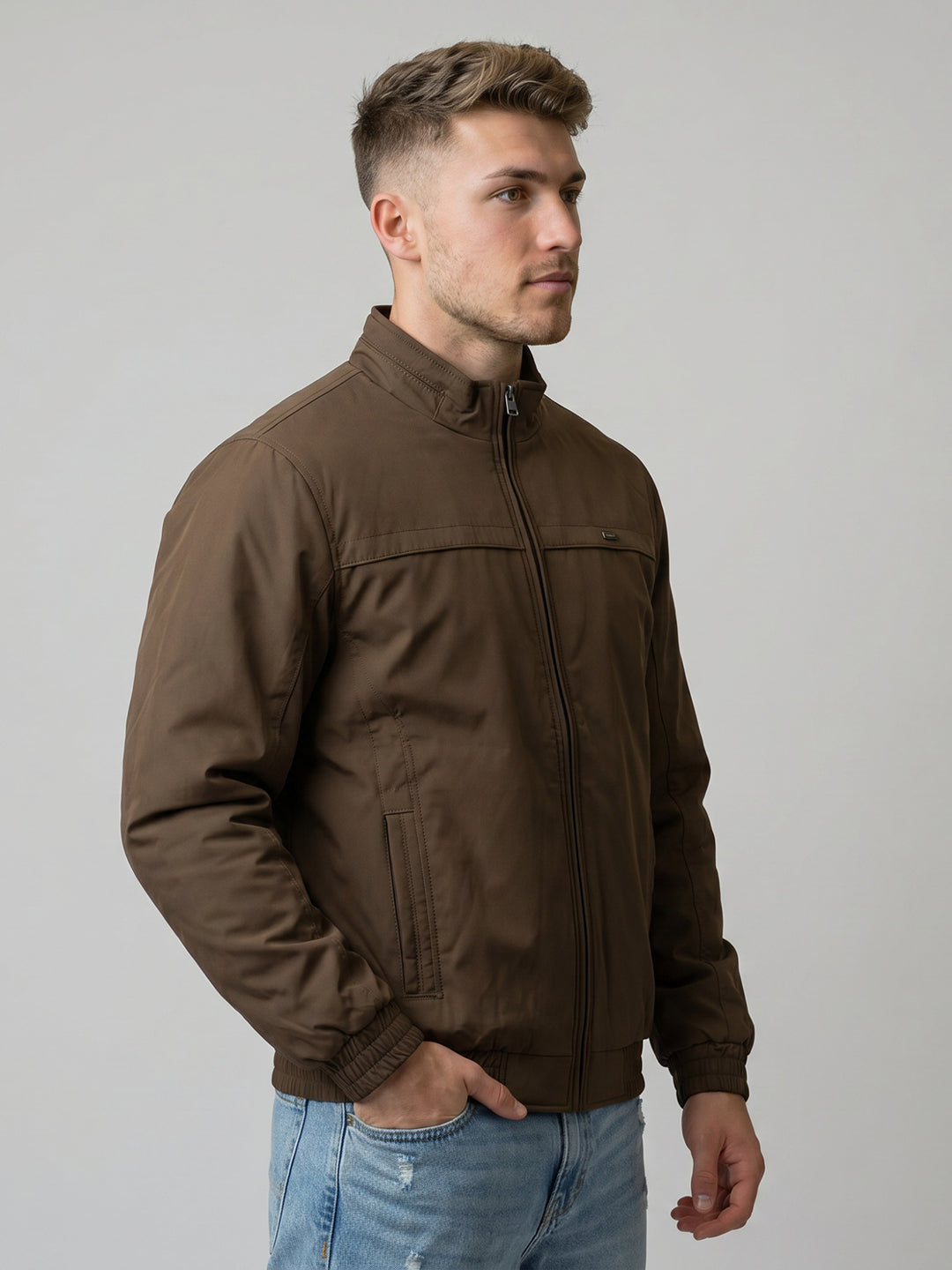 Men Mustard Solid Collar Full Sleeve Bomber Jacket