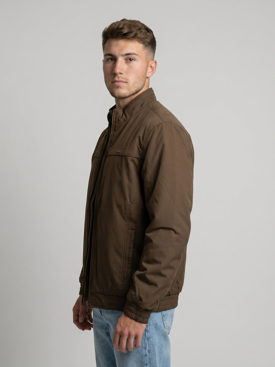Men Mustard Solid Collar Full Sleeve Bomber Jacket