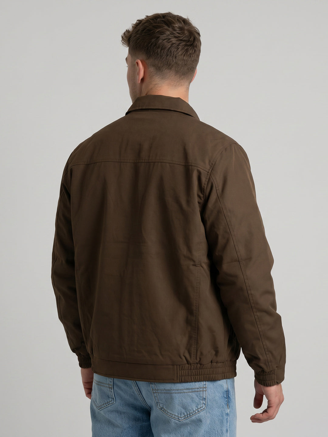 Men Mustard Solid Collar Full Sleeve Bomber Jacket