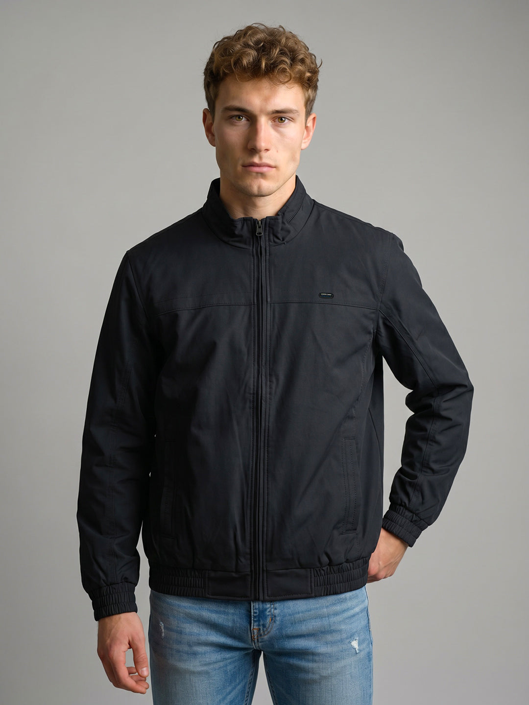 Men Navy Blue Solid Collar Full Sleeve Bomber Jacket
