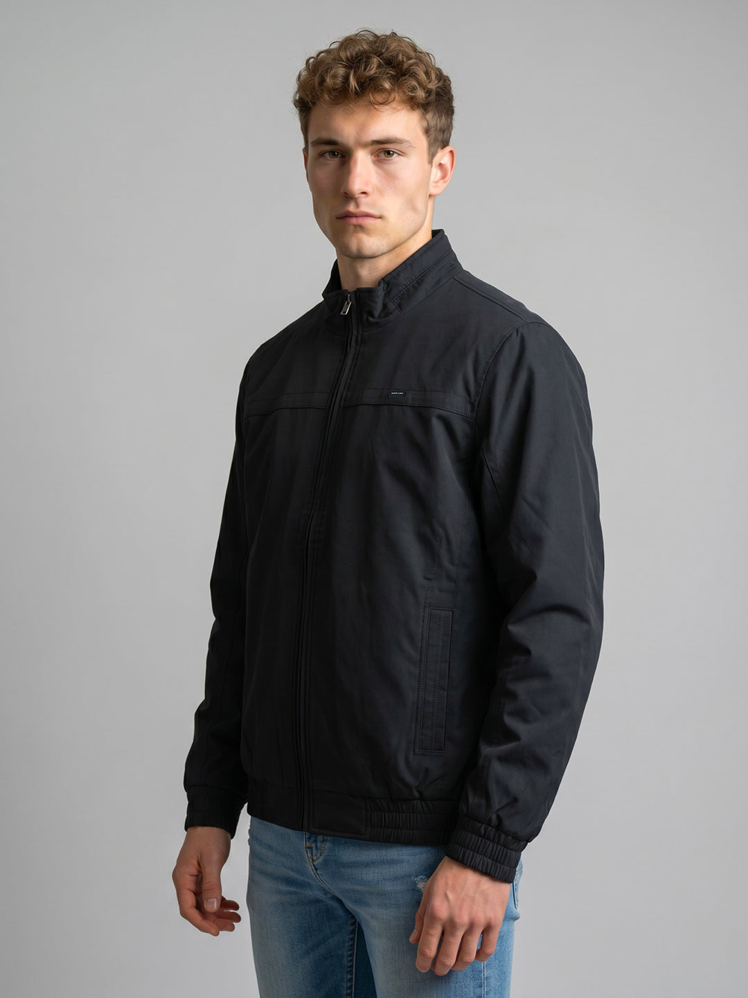 Men Navy Blue Solid Collar Full Sleeve Bomber Jacket