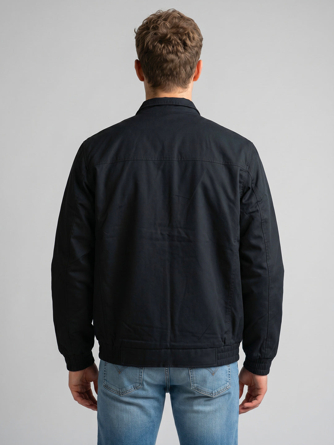 Men Navy Blue Solid Collar Full Sleeve Bomber Jacket