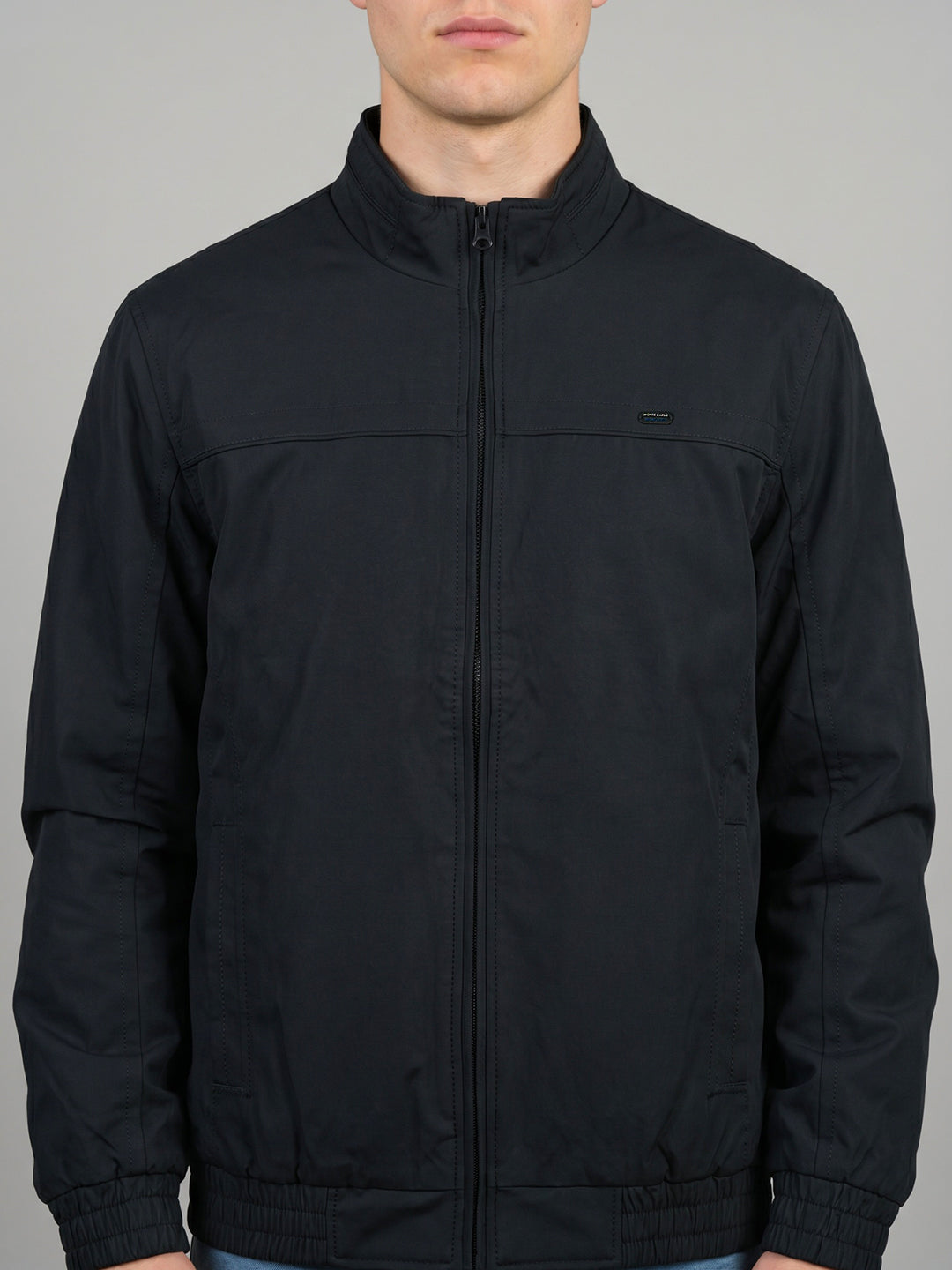 Men Navy Blue Solid Collar Full Sleeve Bomber Jacket