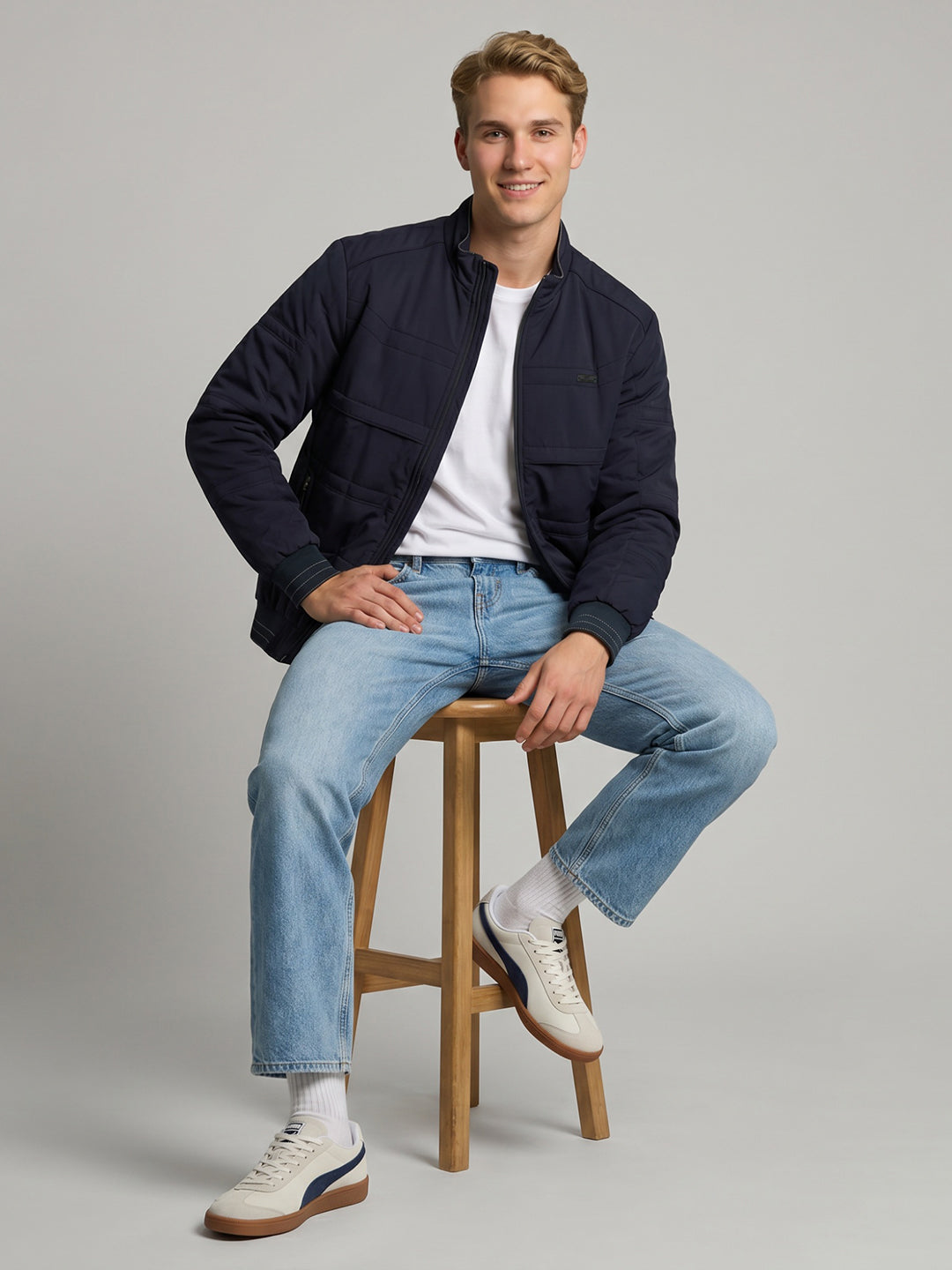 Men Navy Blue Solid Turtle Neck Full Sleeve Bomber Jacket