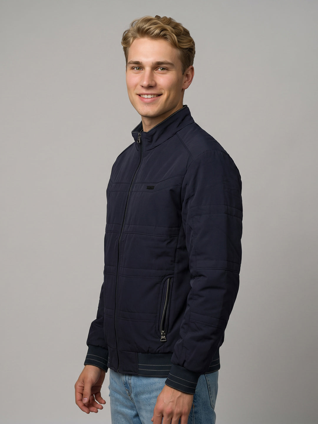 Men Navy Blue Solid Turtle Neck Full Sleeve Bomber Jacket