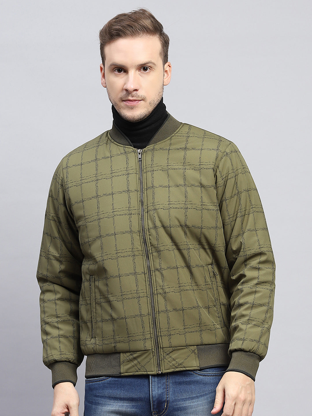 Men Olive Check Mock Neck Full Sleeve Jacket