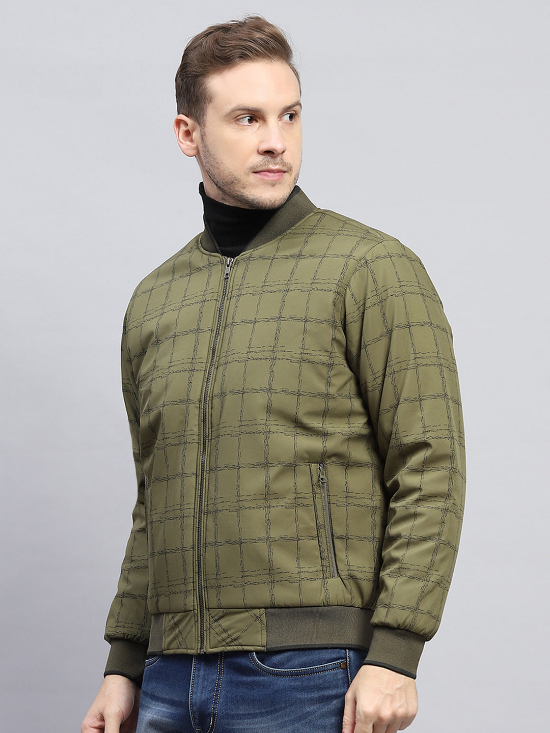 Men Olive Check Mock Neck Full Sleeve Jacket