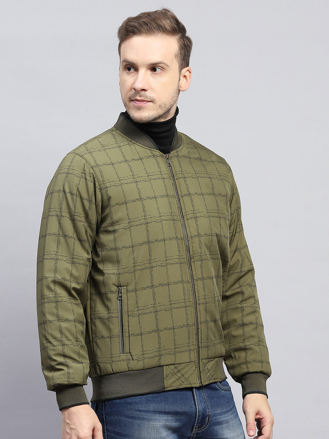 Men Olive Check Mock Neck Full Sleeve Jacket