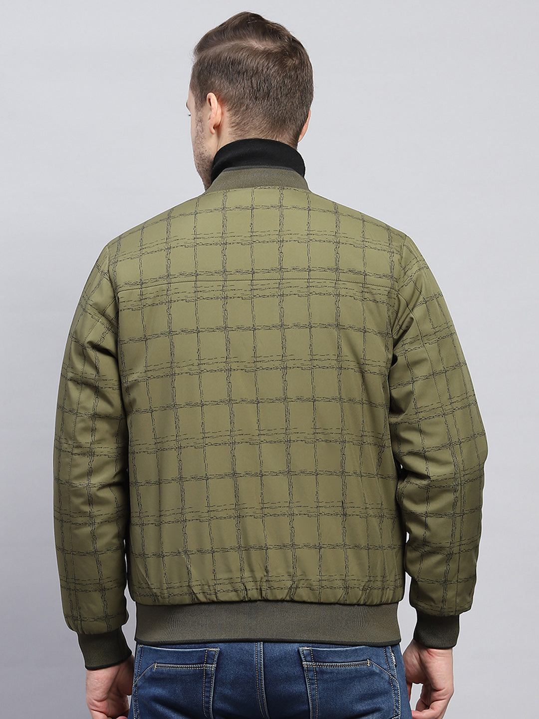 Men Olive Check Mock Neck Full Sleeve Jacket