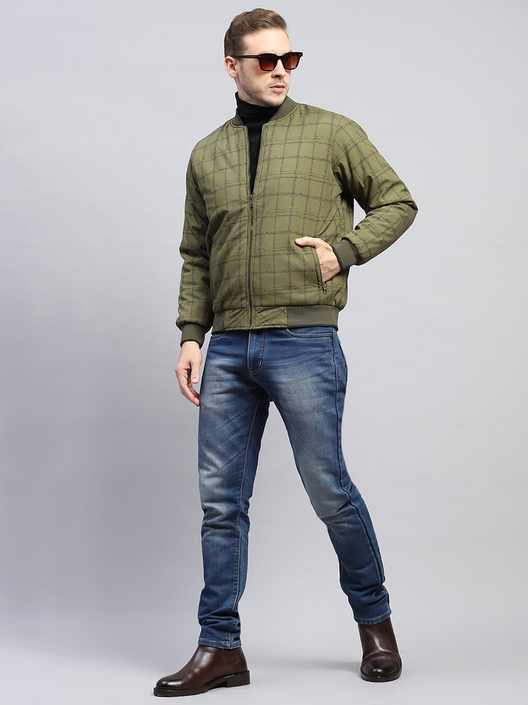 Men Olive Check Mock Neck Full Sleeve Jacket