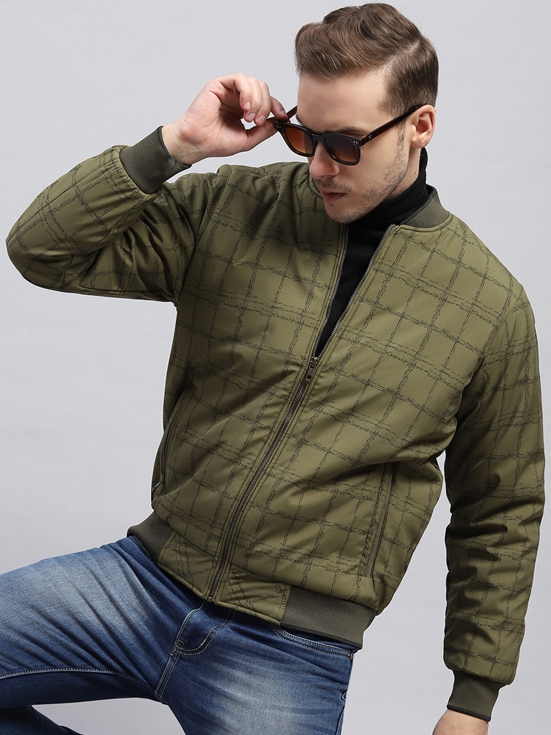 Men Olive Check Mock Neck Full Sleeve Jacket