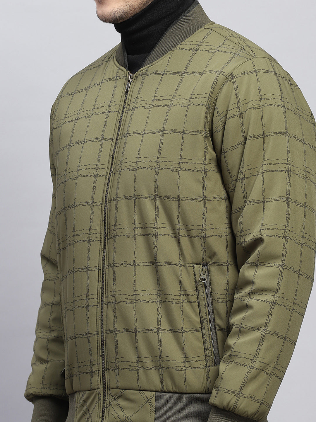 Men Olive Check Mock Neck Full Sleeve Jacket