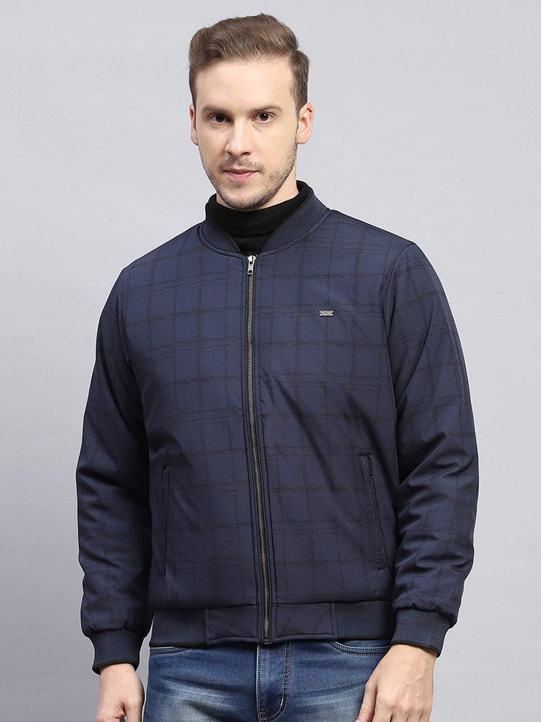 Men Navy Blue Check Mock Neck Full Sleeve Jacket