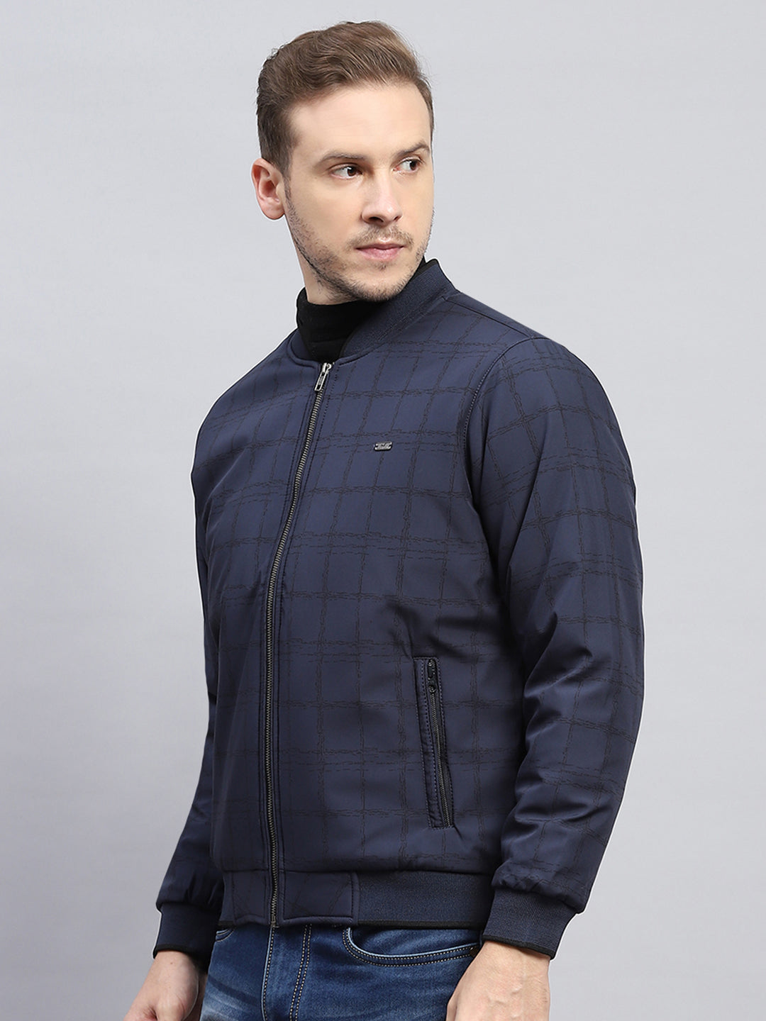 Men Navy Blue Check Mock Neck Full Sleeve Jacket