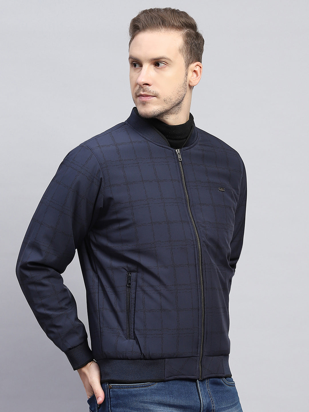 Men Navy Blue Check Mock Neck Full Sleeve Jacket