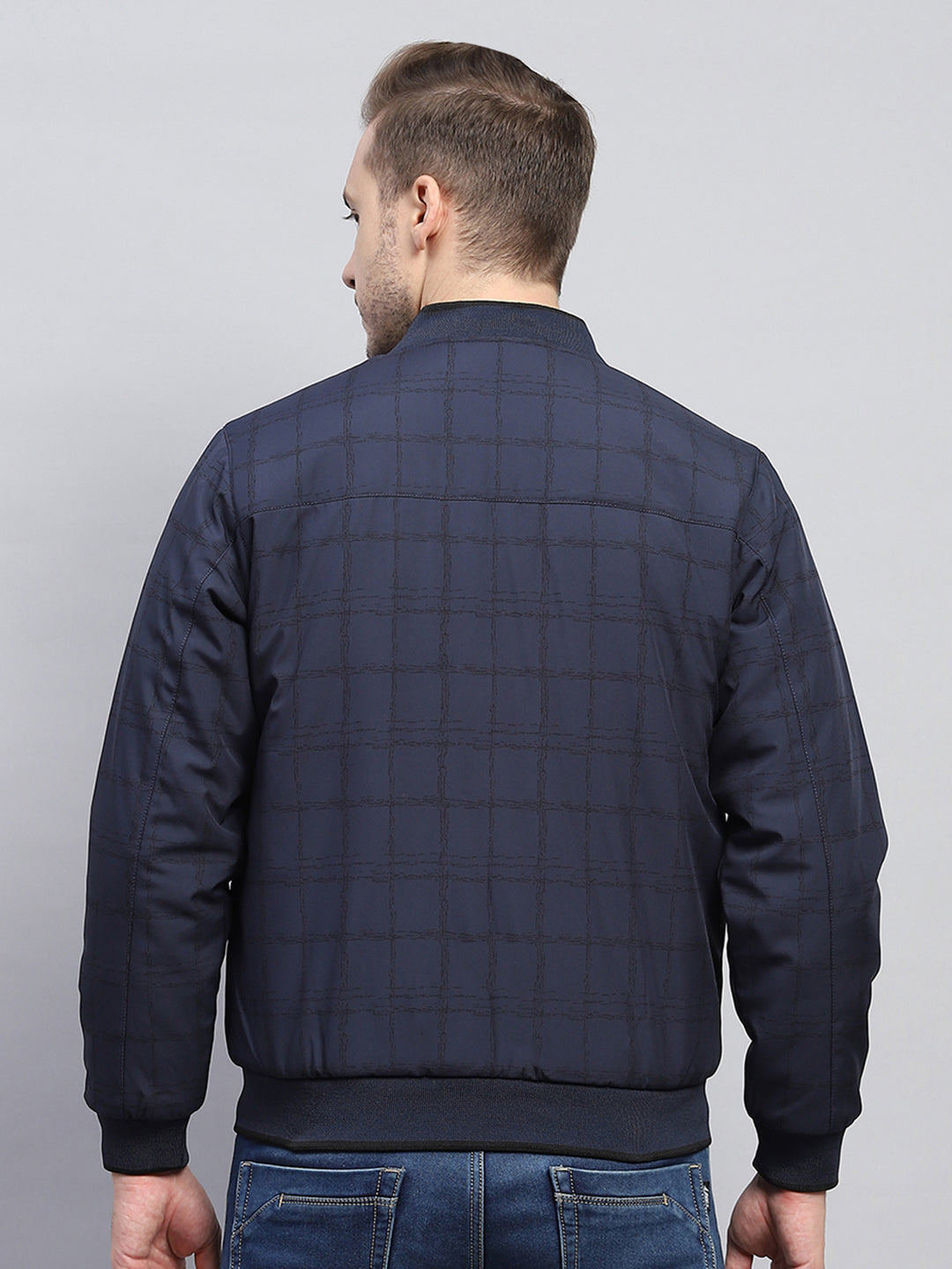 Men Navy Blue Check Mock Neck Full Sleeve Jacket