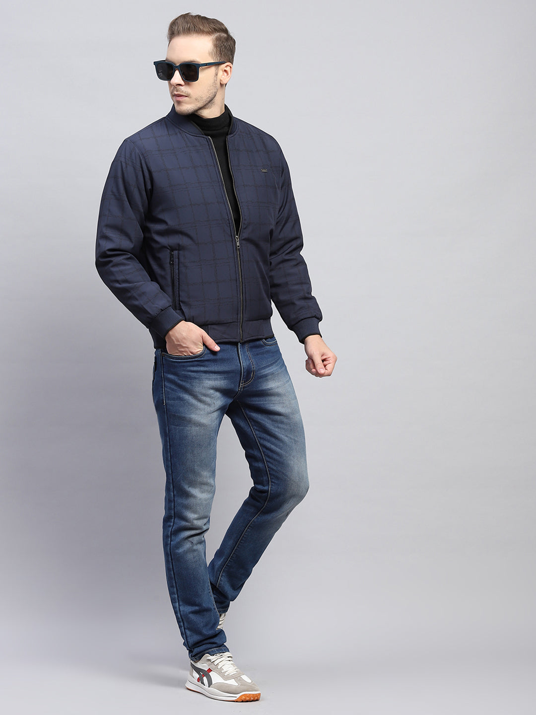 Men Navy Blue Check Mock Neck Full Sleeve Jacket