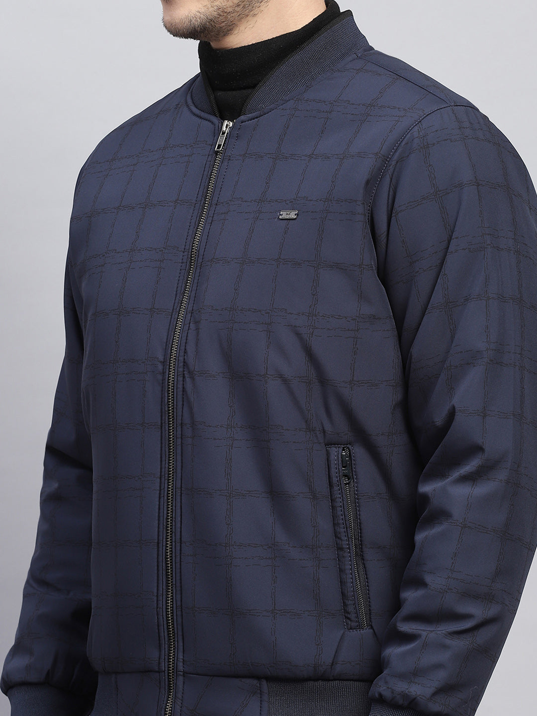 Men Navy Blue Check Mock Neck Full Sleeve Jacket