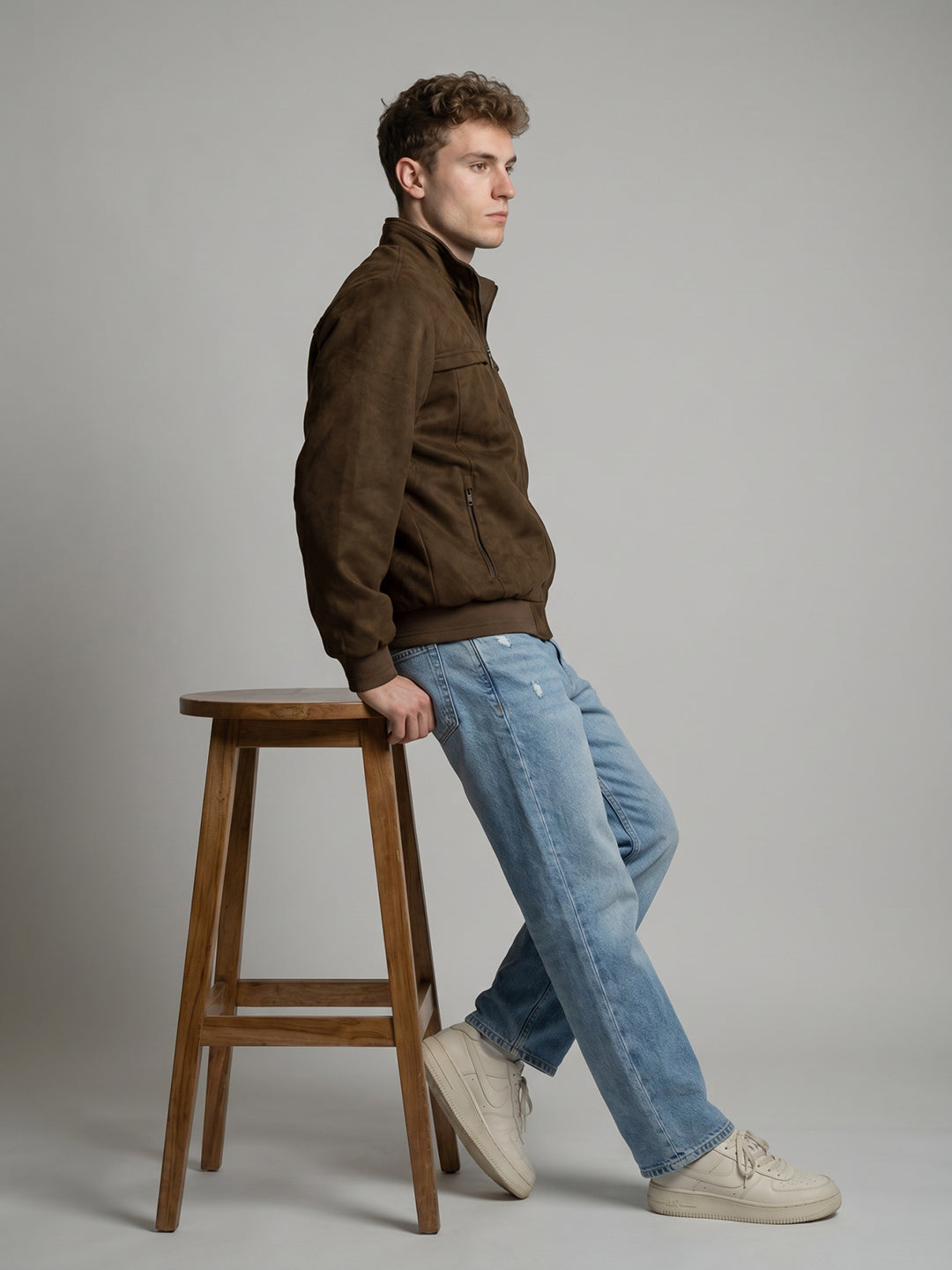 Men Brown Solid Collar Full Sleeve Bomber Jacket