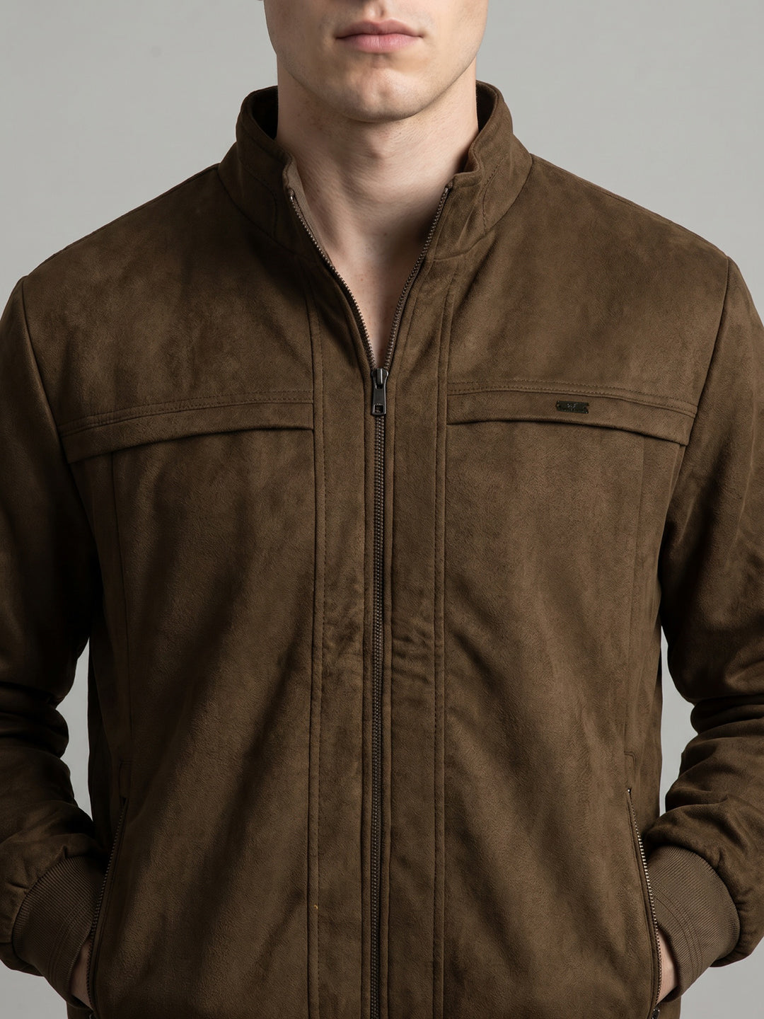 Men Brown Solid Collar Full Sleeve Bomber Jacket