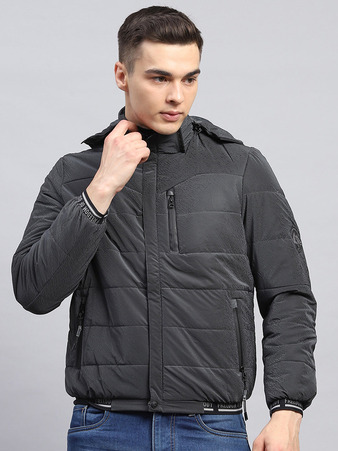 Men Grey Self Design Detachable Hood Full Sleeve Jacket