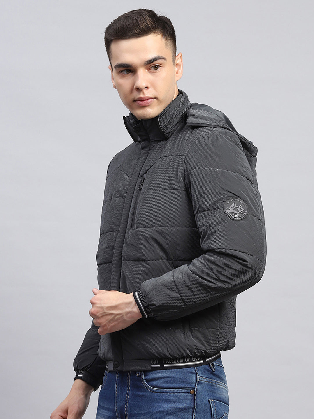 Men Grey Self Design Detachable Hood Full Sleeve Jacket