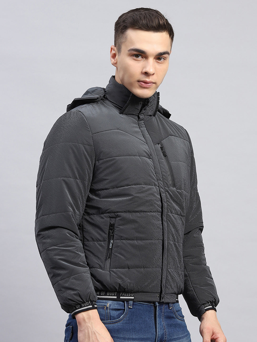 Men Grey Self Design Detachable Hood Full Sleeve Jacket