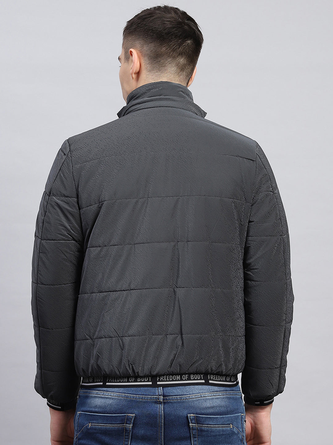 Men Grey Self Design Detachable Hood Full Sleeve Jacket