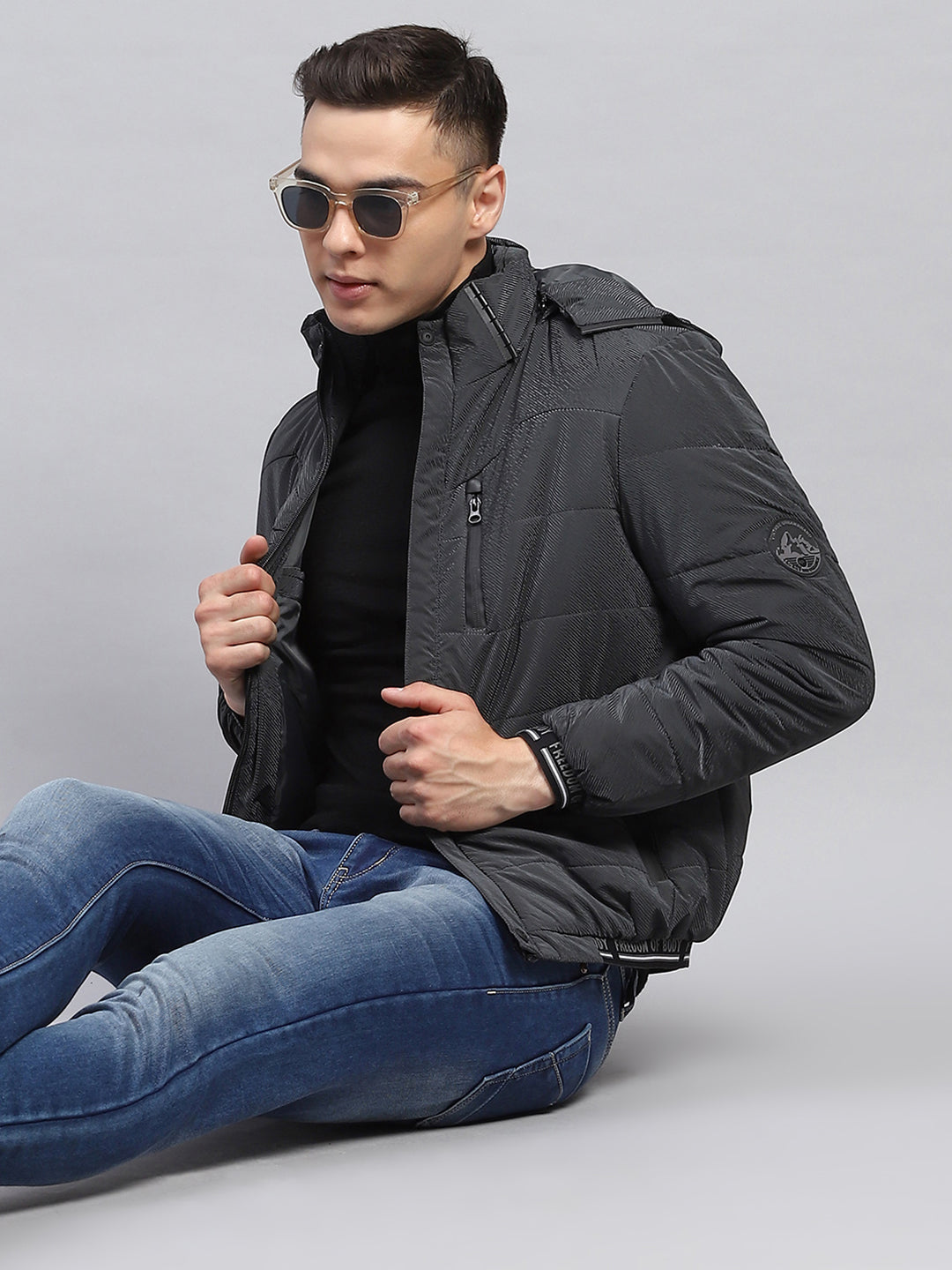 Men Grey Self Design Detachable Hood Full Sleeve Jacket