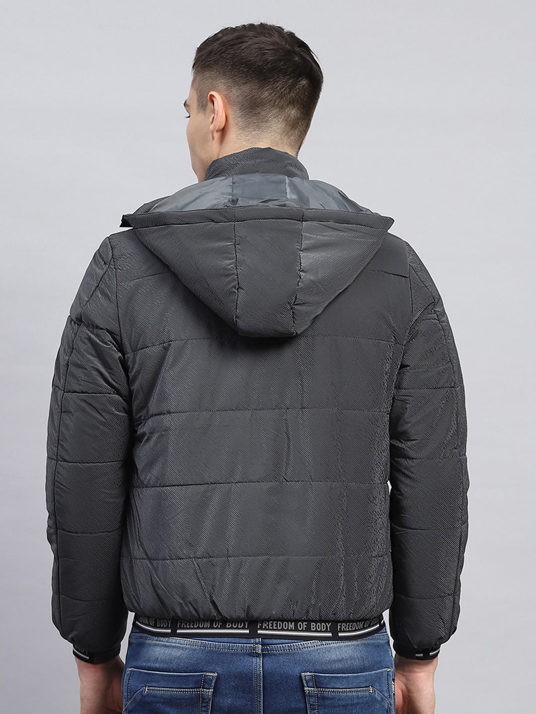 Men Grey Self Design Detachable Hood Full Sleeve Jacket