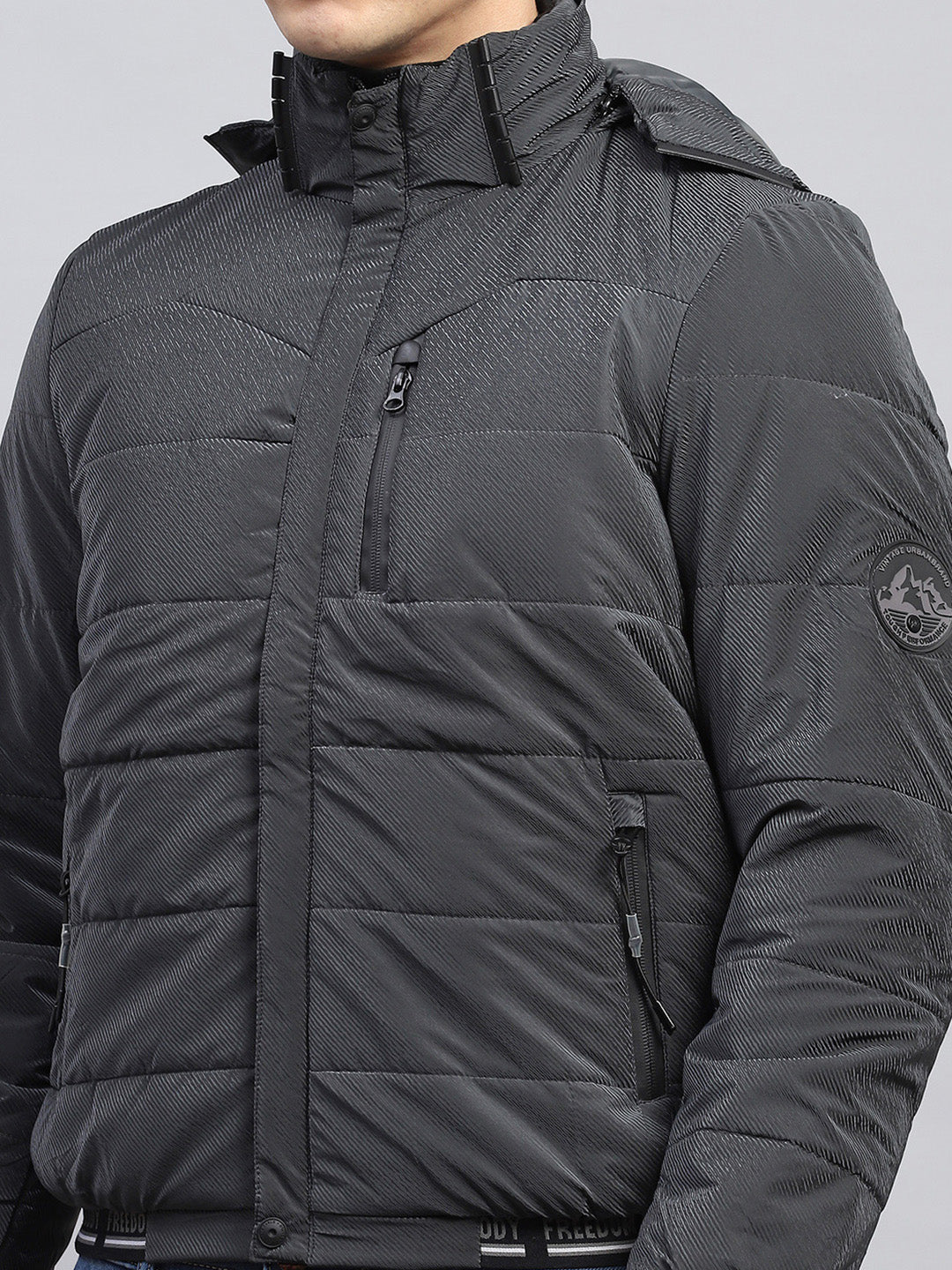 Men Grey Self Design Detachable Hood Full Sleeve Jacket