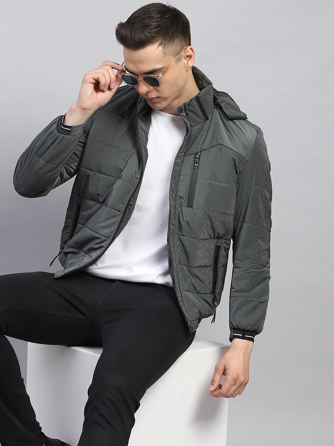 Men Olive Self Design Detachable Hood Full Sleeve Jacket