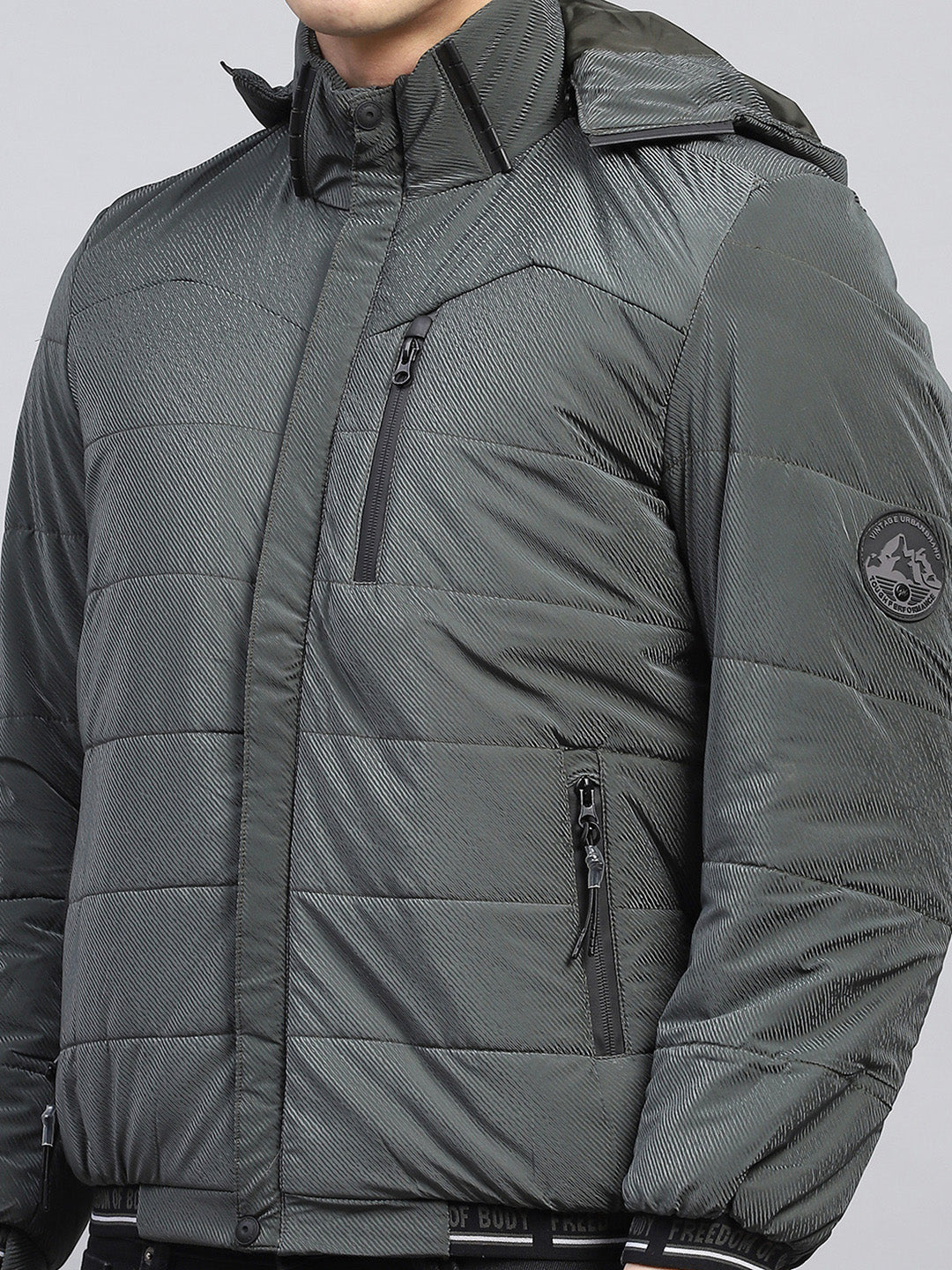 Men Olive Self Design Detachable Hood Full Sleeve Jacket