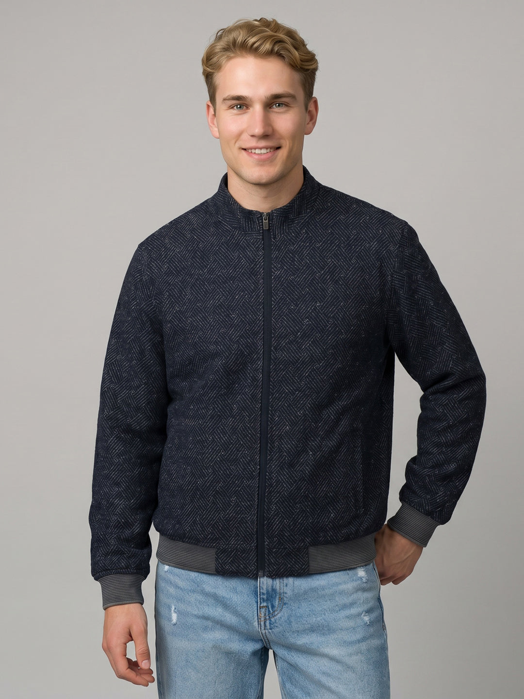 Men Navy Blue Solid Collar Full Sleeve Reversible Jacket