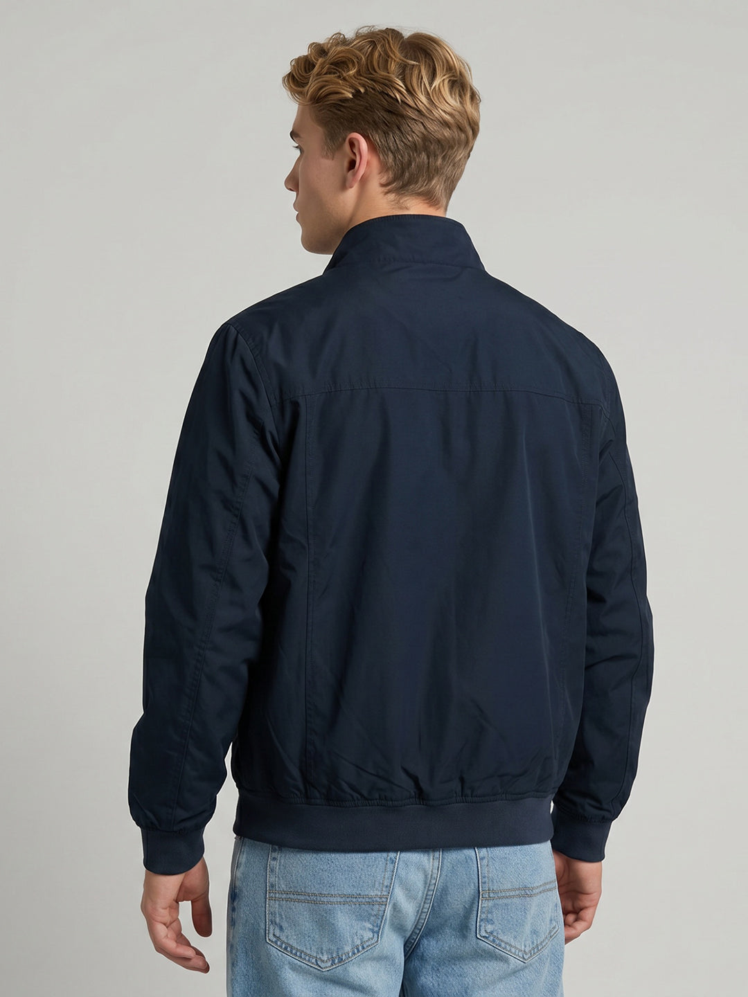Men Navy Blue Solid Collar Full Sleeve Reversible Jacket
